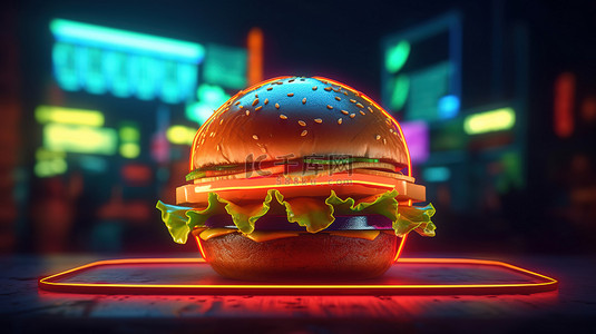 3d 渲染的霓虹灯标志伴随着美味的汉堡