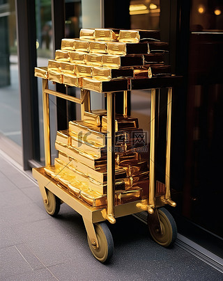 金色的金条放在酒店外的推车上