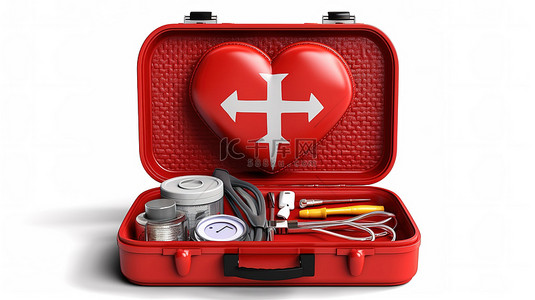 白色医疗箱背景图片_白色背景下心脏和急救箱的 3D 插图