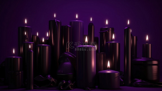 紫色背景被 3d 渲染的黑色蜡烛照亮