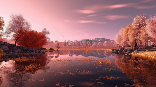 夏天的池塘背景图片_令人惊叹的 3D 渲染日出景观，黄色的树木和粉红色的草反射在湖面上