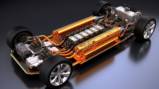 以 3D 插图查看电动汽车可充电电池组和底盘组件的内部