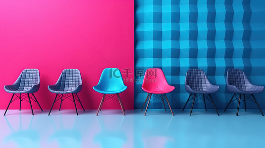 时尚的蓝色和粉色格子呢椅子在蓝色墙壁上的粉色椅子中脱颖而出，具有充足的复制空间 3D 渲染图像