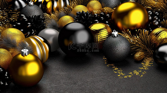 装饰节日背景中节日黑色和黄色圣诞饰品的 3D 渲染
