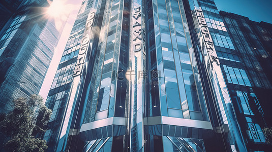 现代玻璃摩天大楼，带有银行标志，反映天际线，说明商业和金融概念