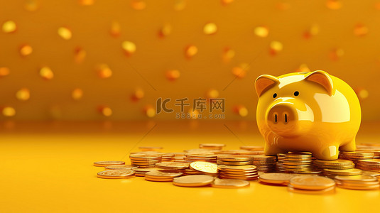 3d 渲染的存钱罐，周围环绕着黄色背景的金币