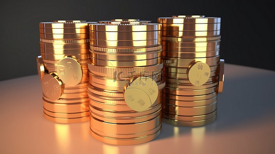 3D 中的成堆硬币和纸币代表商业投资的概念图像