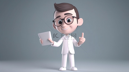 卡通风格可爱的医生，配有平板电脑和 3D 渲染中的大屏幕手势