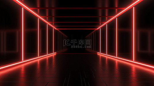 无人居住的黑色室内空间的当代红灯 3D 渲染