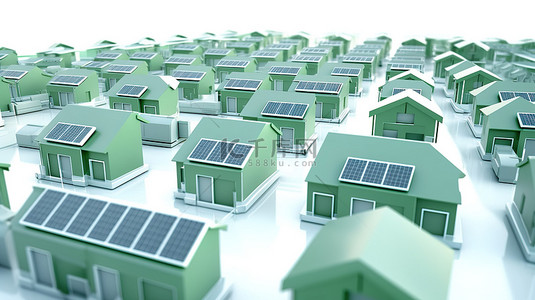 白色加蓝色背景图片_白色背景展示了在一群白色房屋中带有蓝色太阳能电池板的绿色房屋的 3D 渲染