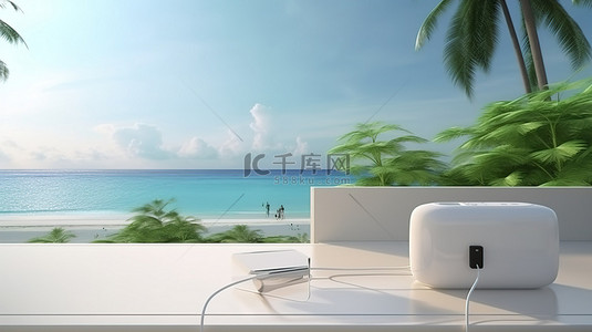 海滨浴场背景图片_现代海滨智能家居露台附近充电站的 3D 渲染