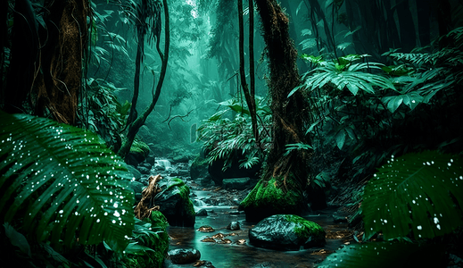 雨中的森林绿色森林小溪流水石头丛林绿色自然背景