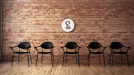 现代办公椅与砖墙 3D 渲染上的“空置”标志