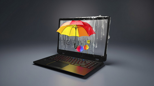雨伞保护的笔记本电脑屏幕在 3D 渲染中显示游戏符号