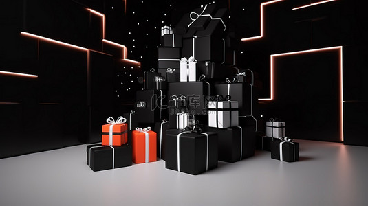 星期五促销海报背景图片_大规模黑色星期五促销打开礼品盒，用 Houseglass 3D 视觉效果庆祝圣诞节和新年