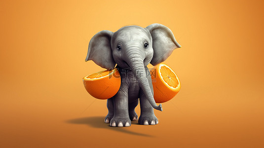 欢快的 3d 大象，鼻子里有一个橙子