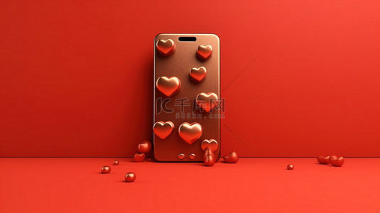 3D 插图红色背景与青铜智能手机和心形表情符号