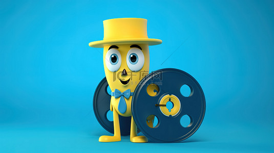 电影胶带背景图片_黄色背景的 3D 渲染，带有蓝书人物吉祥物和电影卷轴胶带