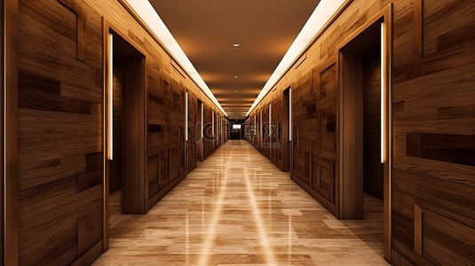 酒店预订喜宴海报背景图片_以高端木材和瓷砖设计为特色的现代酒店走廊
