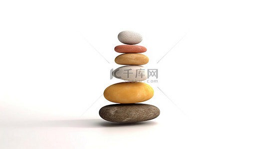 平衡器图标背景图片_白色背景上五个平衡卵石的稳定和谐的 3D 渲染
