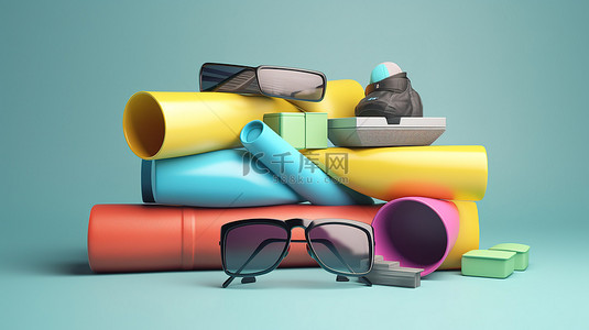 3D 搜索栏设计中的各种项目滚轴冠军杯太阳镜沙发