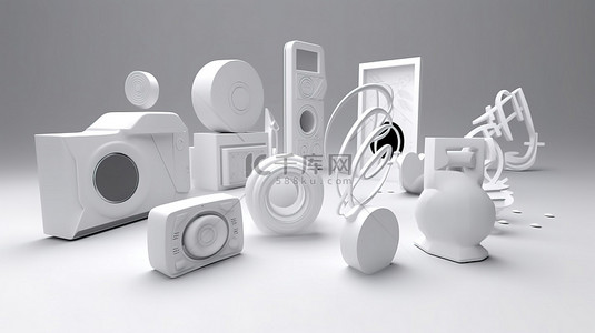 界面设计渲染中多媒体和音乐图标的白色 3D 透视图