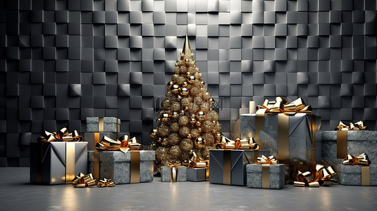 金色丝带圣诞树和礼品盒 3D 渲染节日背景