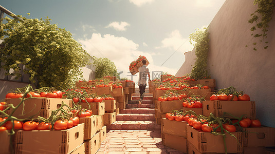 春天购物背景图片_园丁运输西红柿箱的 3D 渲染