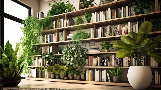 图书背景图片_当代图书天堂图书馆的 3D 渲染，配有美丽的书架和植物