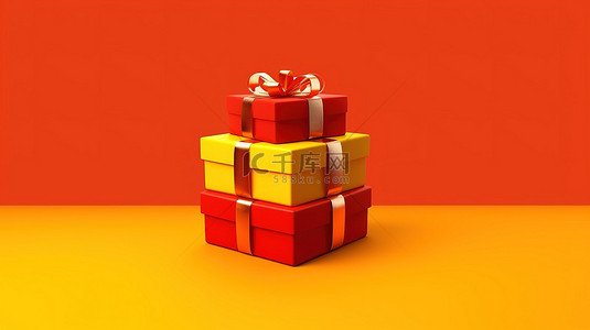 节日礼品盒，带有圣诞节和新年主题 3d，在红色和黄色背景上隔离呈现