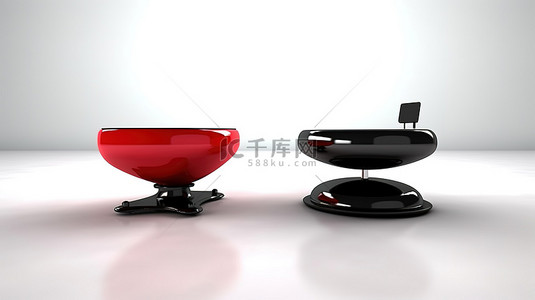 使用简单的体重秤在白色背景上平衡红色和黑色皮革老板办公椅的 3D 渲染