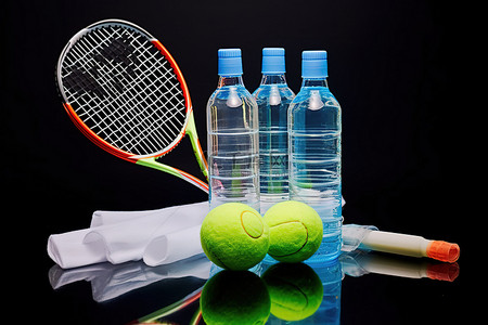 透明塑料杯中的羽毛球拍球和水瓶