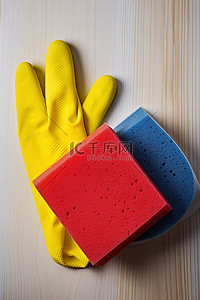 卫生用品背景图片_木桌上有橡胶手套和海绵的清洁海绵