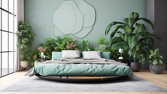 当代日式卧室，配有新鲜的绿色植物和简约的床 3D 渲染