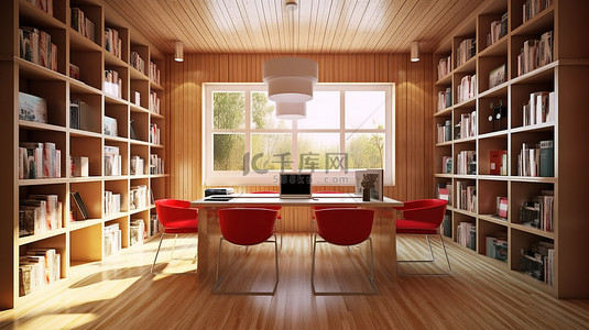 高清家居背景图片_现代图书馆内学习室的 3d 渲染