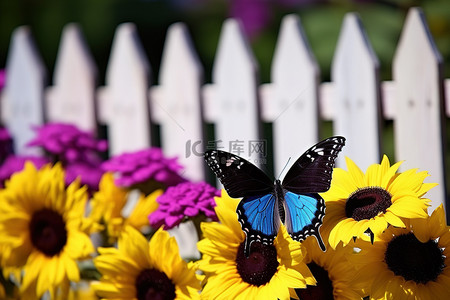 蓝色花田背景图片_背景中的紫色花朵，白色栅栏和黑色和蓝色蝴蝶