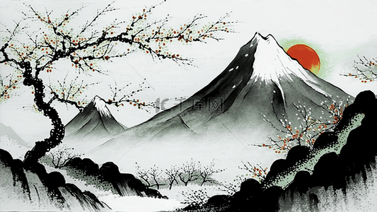 古典墨背景背景图片_中国风水墨日出山林梅树背景