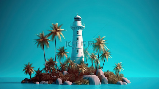 蓝色背景隔离 3D 插图的海灯塔与棕榈树
