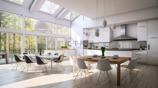 现代白色厨房的 3D 渲染，配有岛餐桌和宽敞的窗户