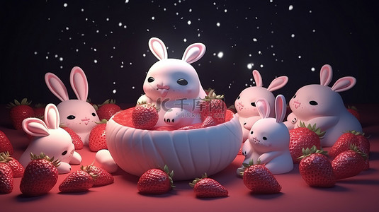 卡哇伊兔子在月球上休息，背景是甜美的草莓，3D 渲染摇篮曲设置