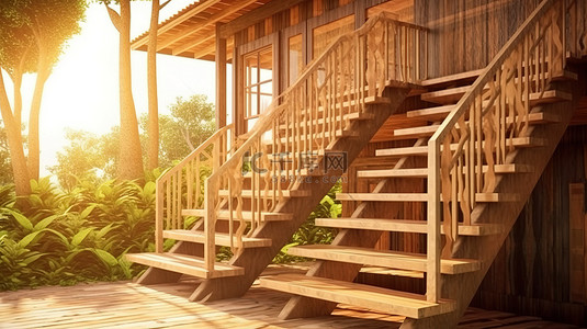 木屋的建筑概念 3D 插图，带有悬挂露台，可通过独特的楼梯进入