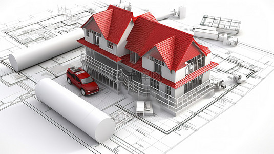 白色背景，建筑规划蓝图覆盖 3D 房屋和工具