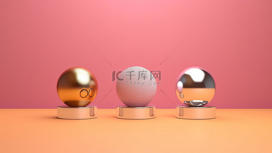 粉红色背景下有金银和铜球的讲台庆祝体育精神和 3D 渲染的胜利
