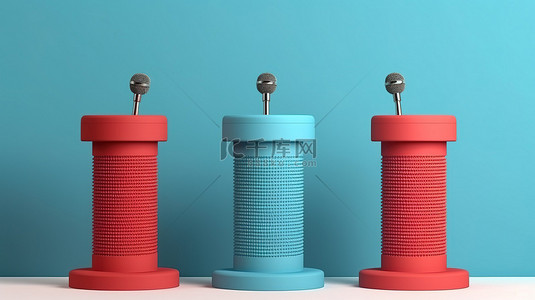 红色和蓝色扬声器讲台的独立 3D 渲染，论坛讲台上有麦克风