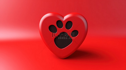 3D 渲染的宠物爪子象征着红色背景上孤立的心形爱情