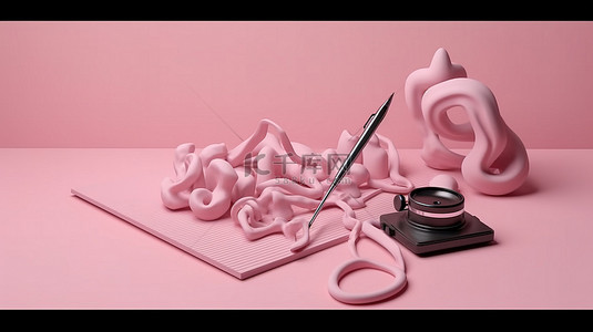 柔和的粉红色背景，带有 3D 渲染笔记事本和医生的听诊器