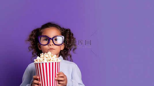 戴着 3D 眼镜和一大桶爆米花的年轻人在紫色背景下摆姿势，侧身看