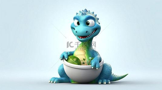 搞笑的 3D 恐龙角色顽皮地将微型地球放在盘子上
