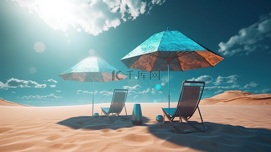 外太空绿洲沙滩椅和雨伞的 3d 渲染与银河系相映成趣