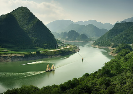 天空中国背景图片_长江中国一侧的山坡上，美丽的水与赛船